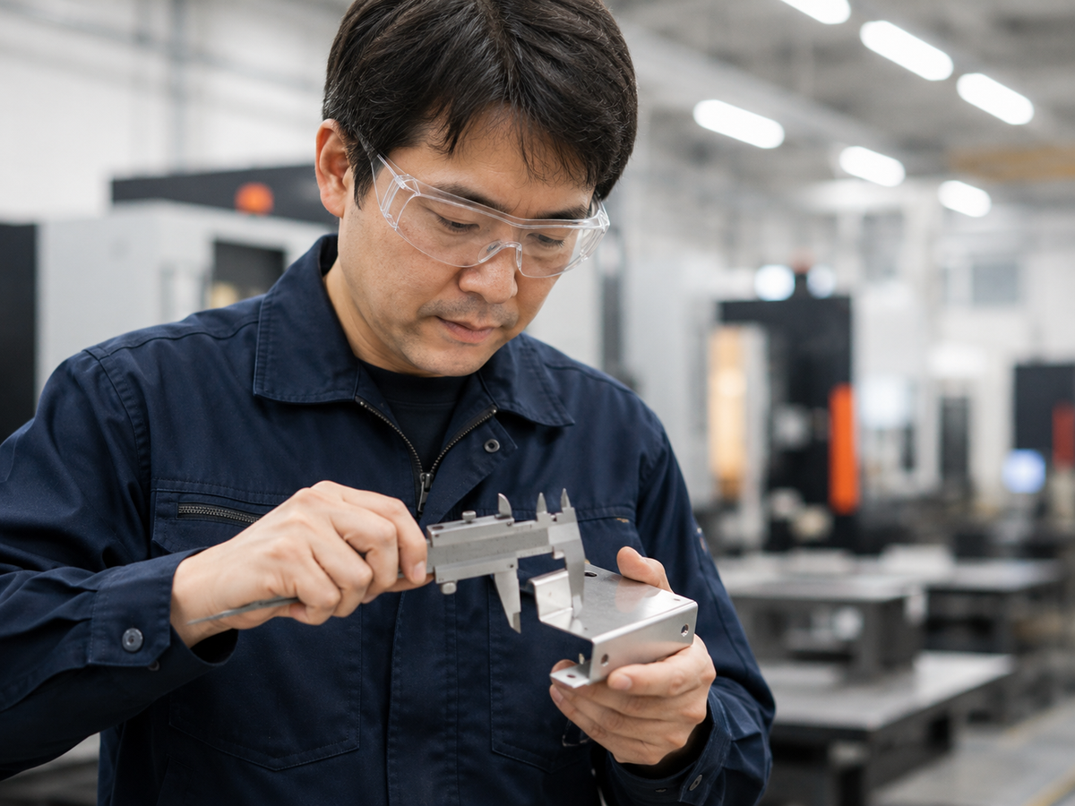 作業着と保護メガネを着用した作業者が金属部品をノギスで測定している様子