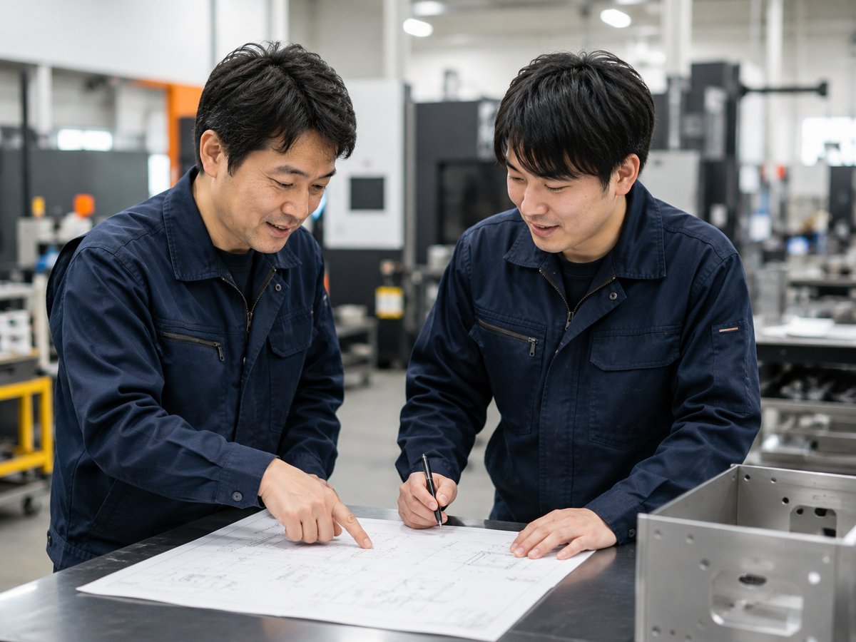 作業者2名が金属加工の図面を見ながら打ち合わせをしている様子